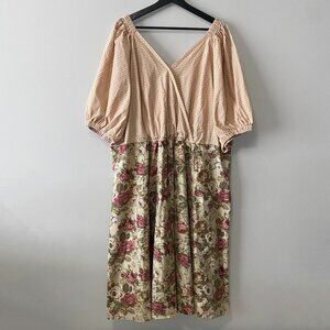 Handmade Plus Size Cotton Gingham Floral Multicolour Inseam Pockets V-Neck Dress